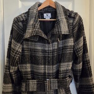 •Worthington• Ladies Size XL Wool/Poly Blend Black/Gray Plaid Winter Trench Coat